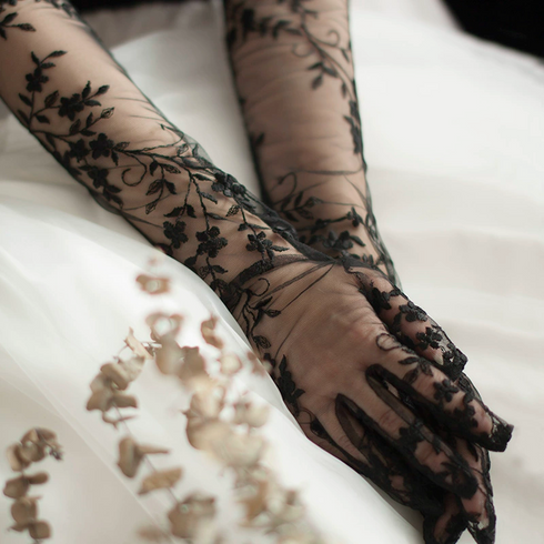 Gothic Black Lace Floral Gloves – Long Sheer Lace Gloves